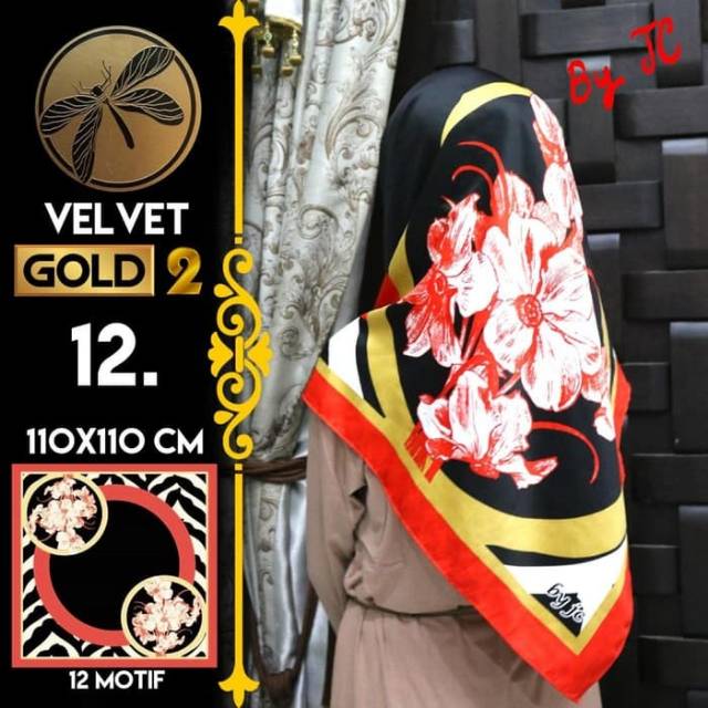 Jilbab Segi Empat Satin Black By Golden 2 / Velvet gold2 - Design 12