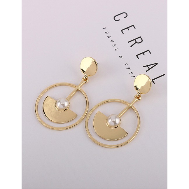 LRC Anting Tusuk Fashion Gold Pearl Geometric Metal Circle Cutout Fan Earrings F69846