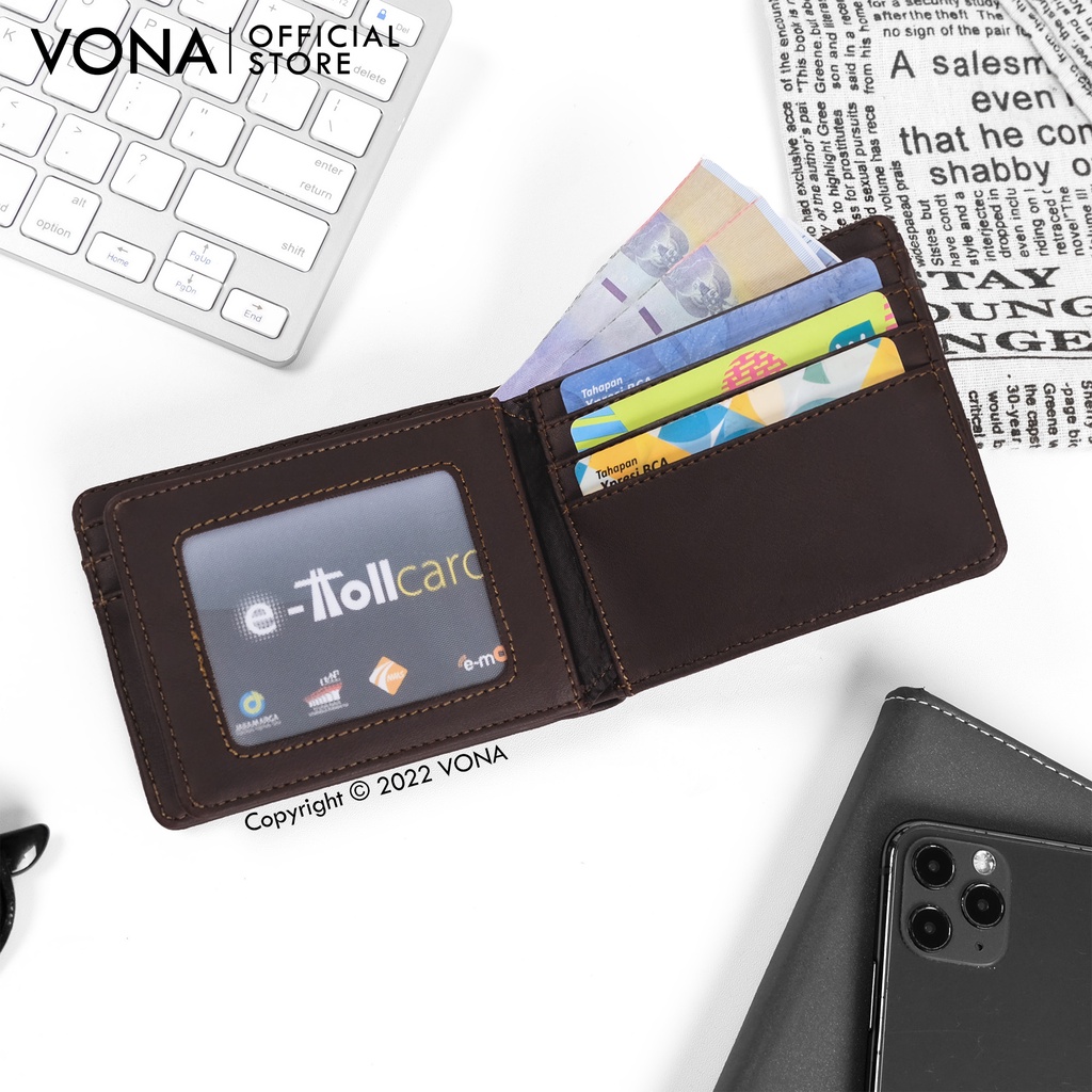 VONA Dompet Pria Lipat Pendek 3 Ruang Extra Slot Kartu Kulit PU Polos - Hitam | Dark Brown | Coklat Brown - LOXLEY-7