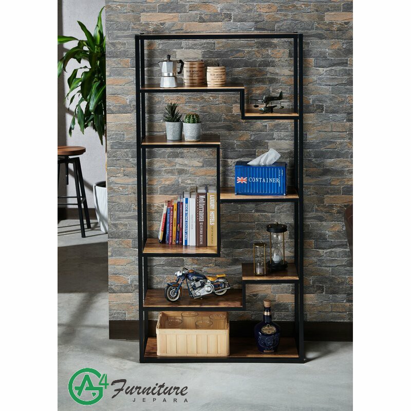 Rak Buku Besi Kayu Jati Vintage