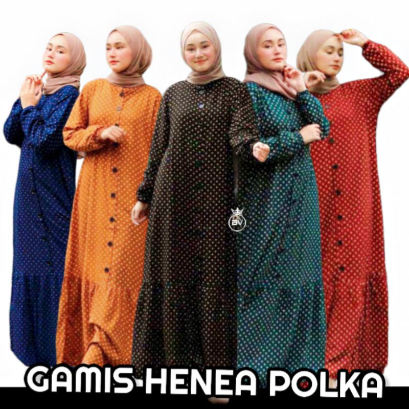 Dress Gamis Jumbo Henea Polka - Gamis Terbaru Rayon Premium Lengan Panjang  Maxidress Remaja Kekinian LD 125 cm