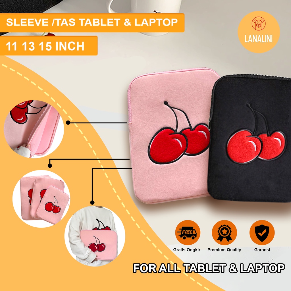 Sleeve Pouch Sarung Tas Bag Case Ipad Tab Tablet Macbook Air Pro Laptop Asus Acer Lenovo HP Huawei 11 12 13 14 15 inch Motif Gambar Cherry Fruit Buah Cery Warna Hitam Merah PinkLucu Cute Murah Korean Model