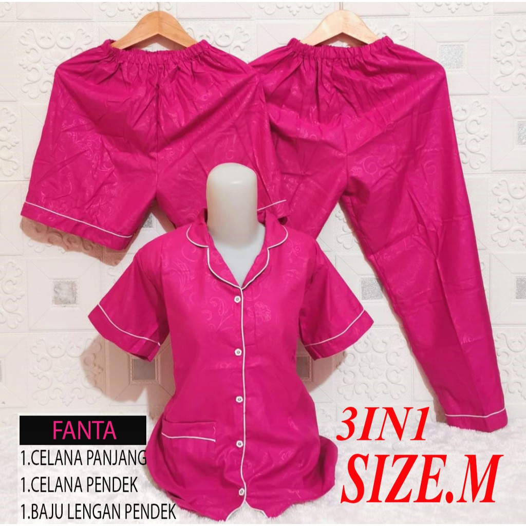 ISANNY PIYAMA SET 3IN1 SIZE M/SATIN EMBOS/BAJU TIDUR DEWASA/WARNA TERBANYAK/READY STOCK