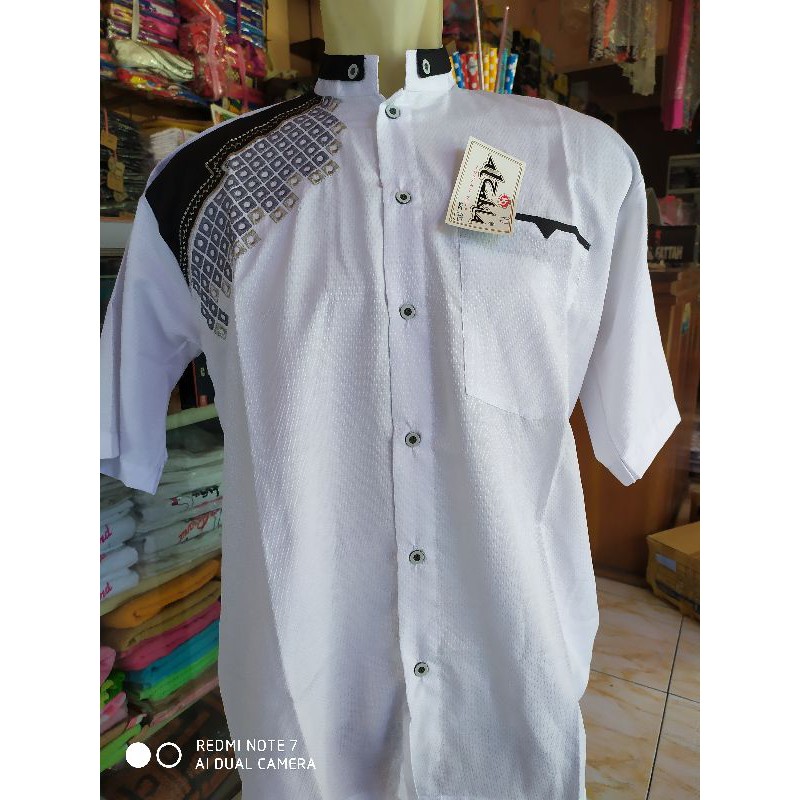 PROMO Baju Koko Bordir Kombinasi Hitam Putih Lengan Pendek/ Baju Koko Pria Kombinasi Putih Hitam