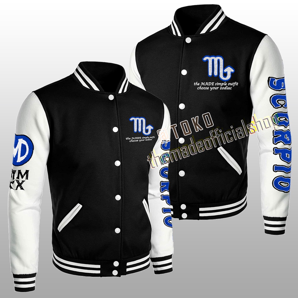 Jaket Bomber Varsity Baseball Original Motif Zodiak Full Bordir / Jaket Sweater Baseball Bahan Kain Motif Zodiak Scorpio-Virgo-Gemini-Pisces-Libra-Sagittarius-Cancer-Capricorn-Leo-Taurus-Aries-Aquarius (The MADE Original)