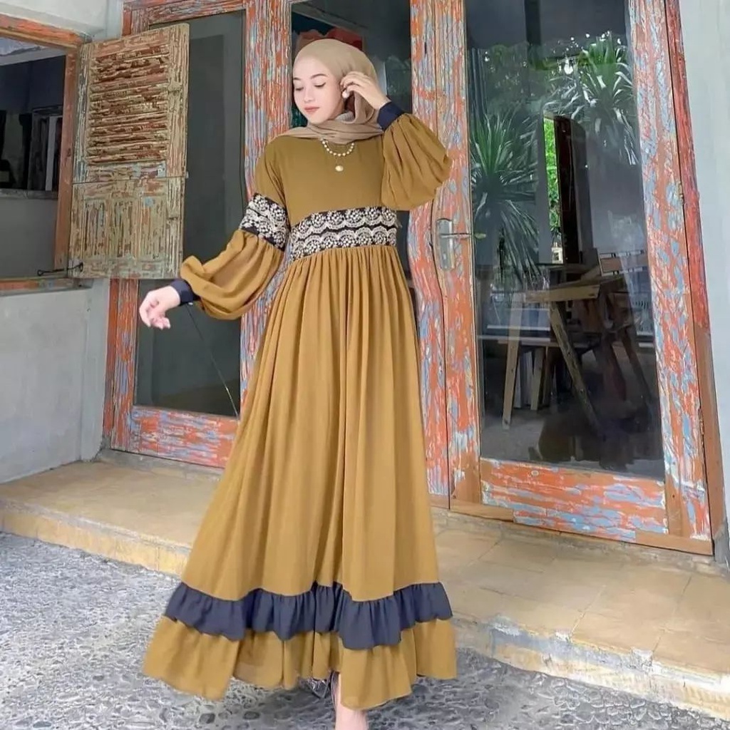 GAMIS WANITA ANGGITA DRESS BAHAN MOSSCRAPE MIX RENDA LD 110 CM PB 138 CM ZIPPER DEPAN GAMIS WANITA TERBARU 2023 KEKINIAN / MAXI DRESS WANITA JUMBO / BAJU MUSLIM WANITA MODERN / GAMIS BUSUI FRIENDLY / FASHION BAJU MUSLIM WANITA