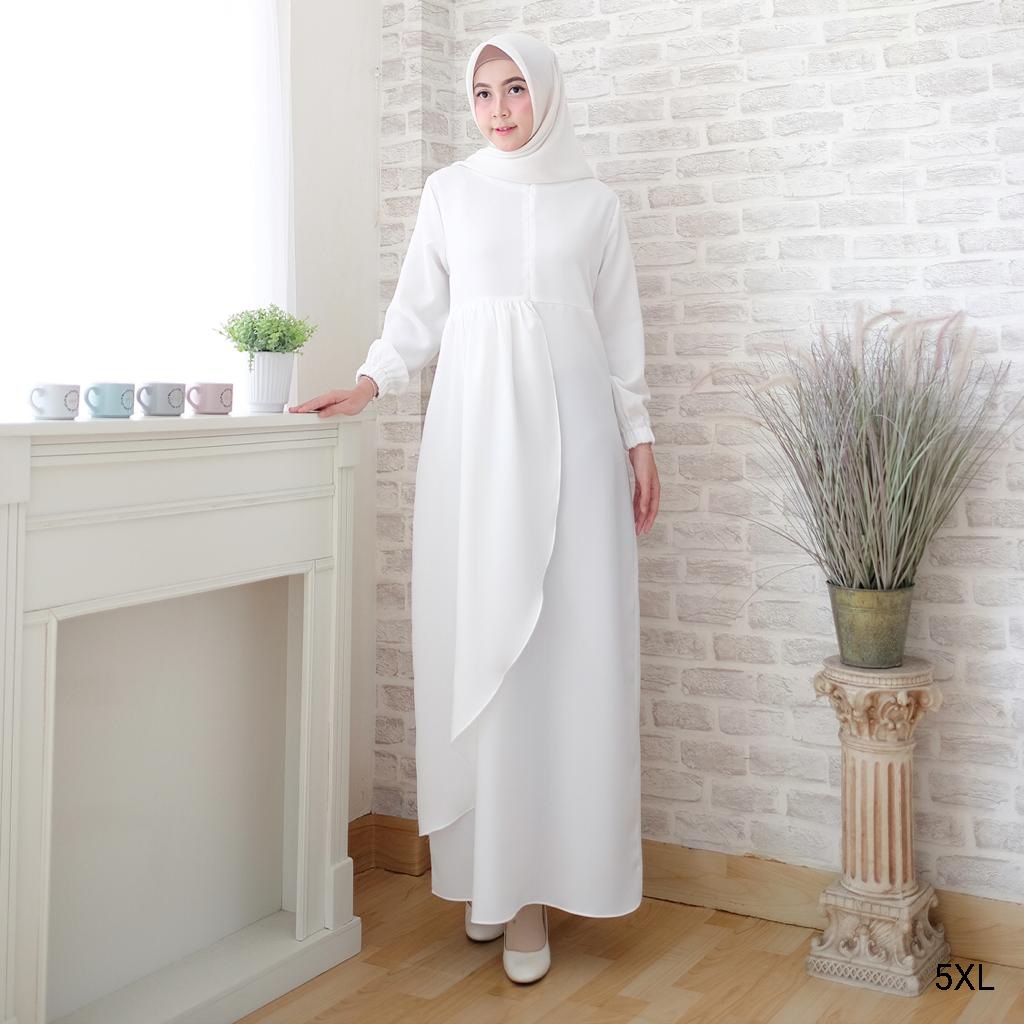 Modesee Gamis Putih Hitam Polos Basic Layer Busui Wanita Muslim Mina Dress, Gamis S M L XL XXL, Gamis Jumbo 2XL 3XL 4XL 5XL-Broken White 5XL