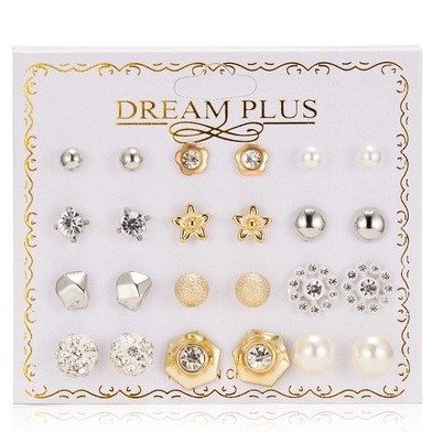 ⭐COD 12 Pasang Anting Set Tusuk Model Mutiara Intan Bentuk Bulat Gaya Korea Untuk Wanita Dalika-D