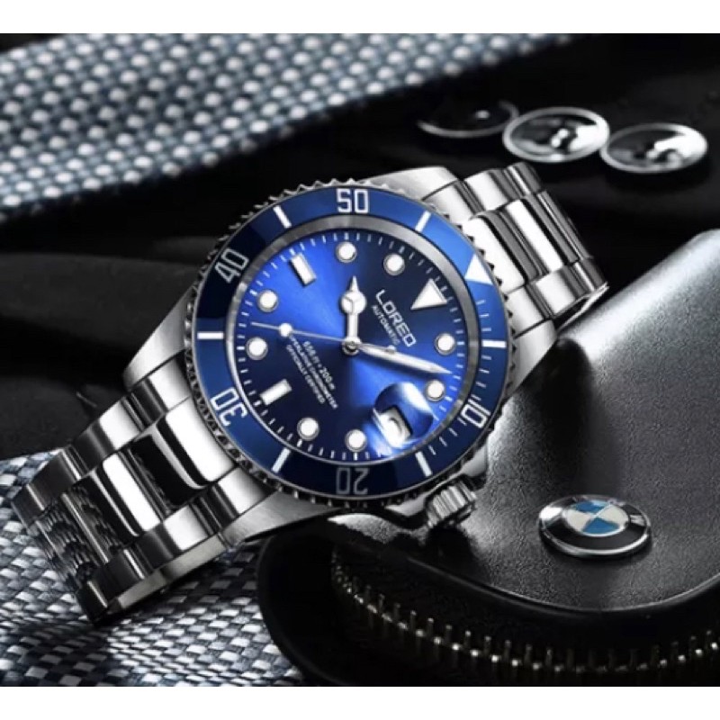 Jam Tangan Pria Original Loreo Submariner Automatic Silver Blue