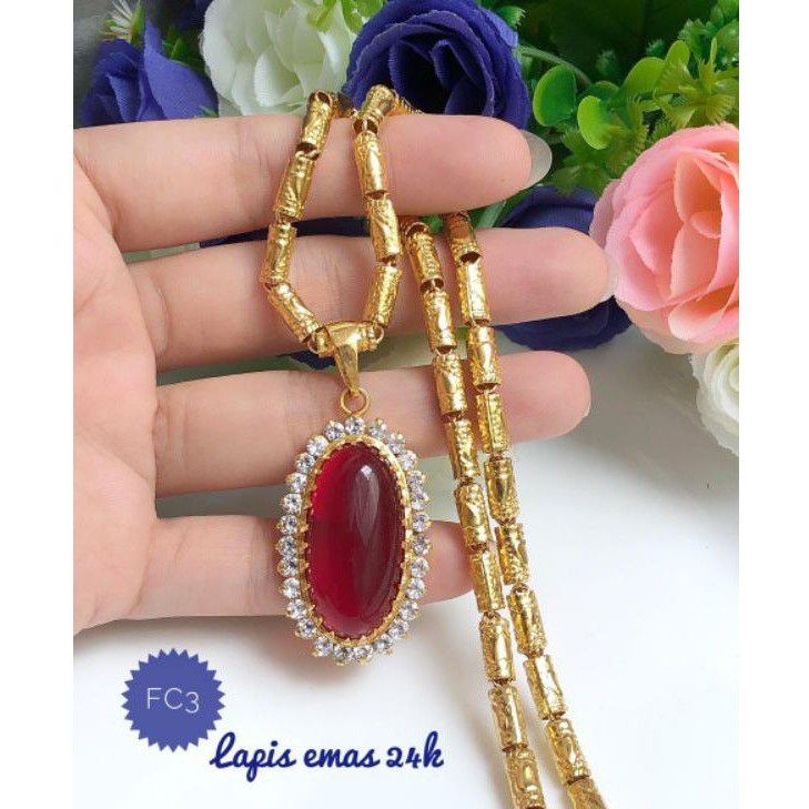 (MAR) Set Perhiasan Lapis Emas 24 Karat Xuping Kalung Bambu Liontin Batu Permata Gold Merah Giok