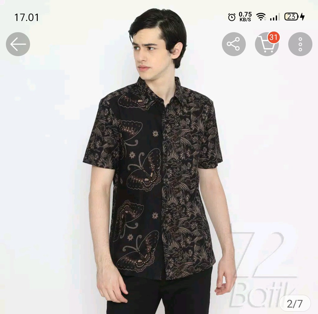Kemeja Batik Pria Lengan Pendek Slimfit Premium Bangau Two Tone Siang Sore Hitam 726610 Cap 72