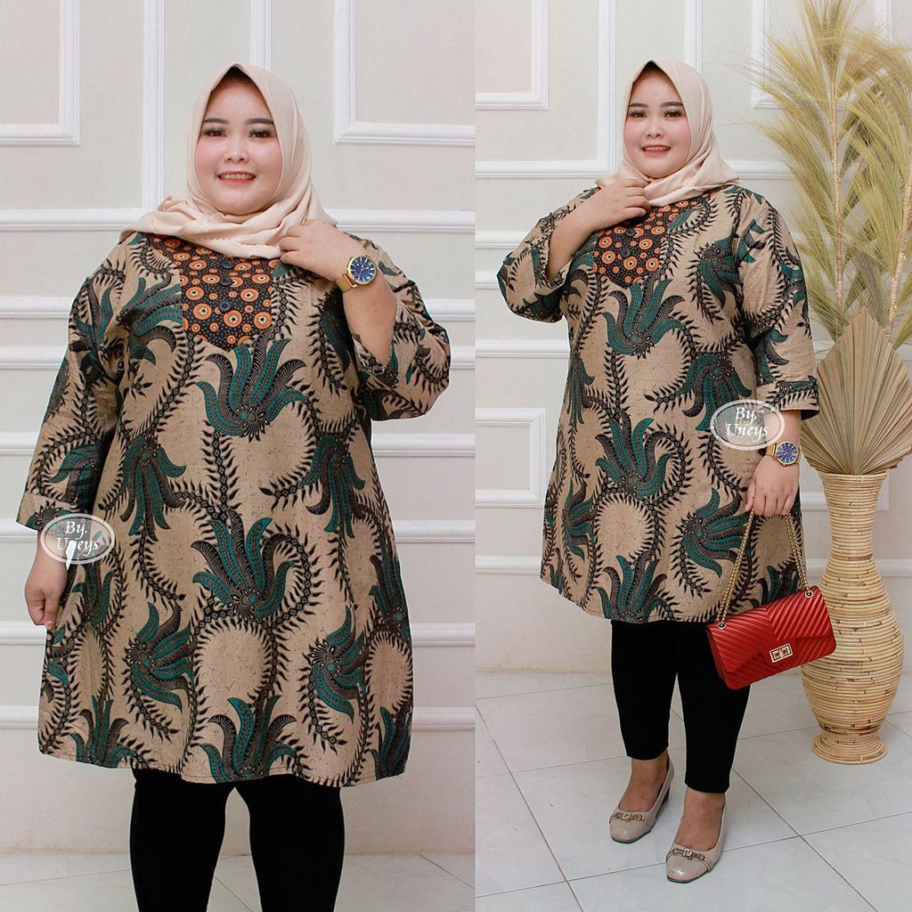 Tunik Batik Wanita Ukuran Jumbo LD 140cm Resleting Belakang Bahan Katun Adem Di Pakai Serap Keringat