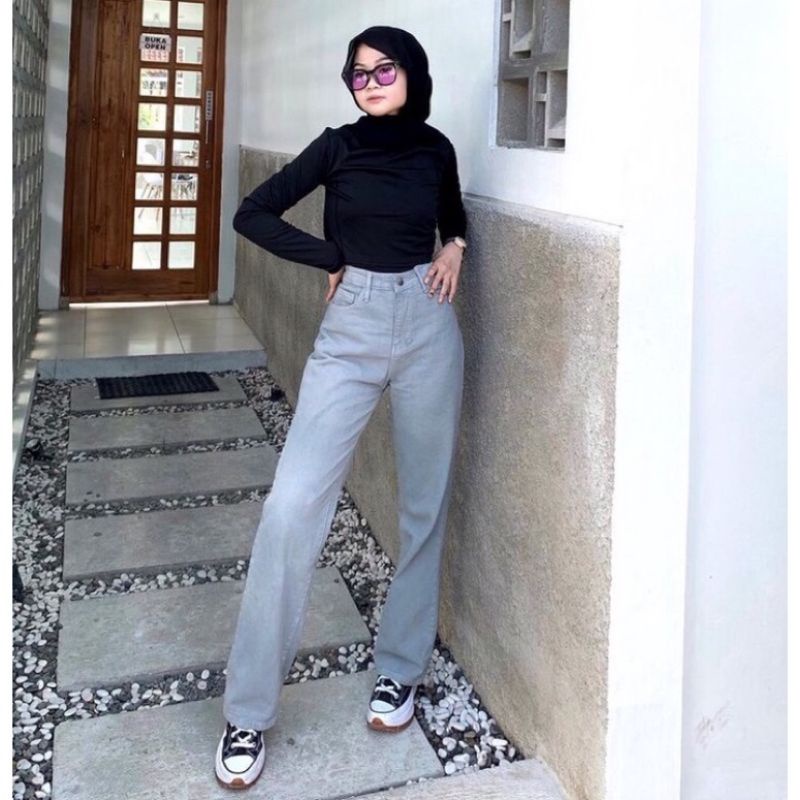 CELANA KULOT JEANS WANITA HIGWAIST ABU , MOZZA JEANS ABU