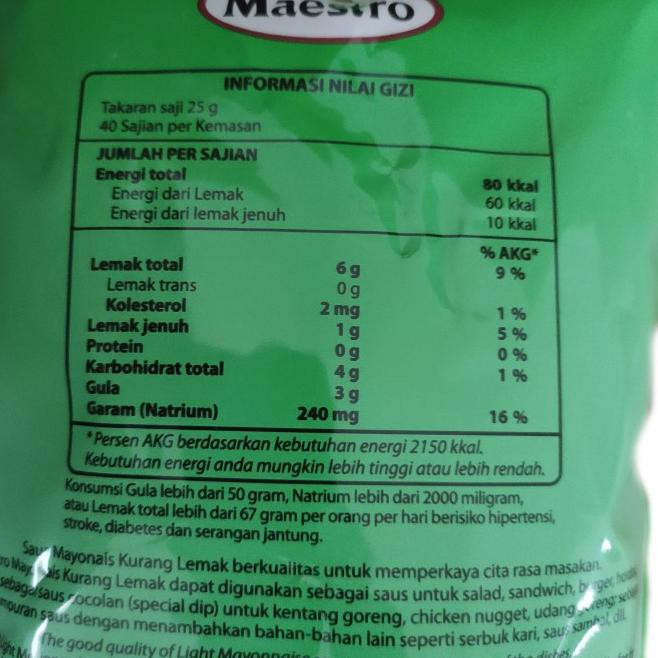 

[Original] MAYONNAISE MAESTRO STANDING POUCH 1 KG - MAYONAISE LIGHT MAYO HALAL