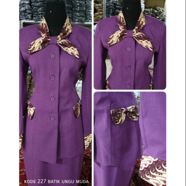 Baju blazer wanita azkia ungu muda batik adem keren formal kantor guru setelan murah