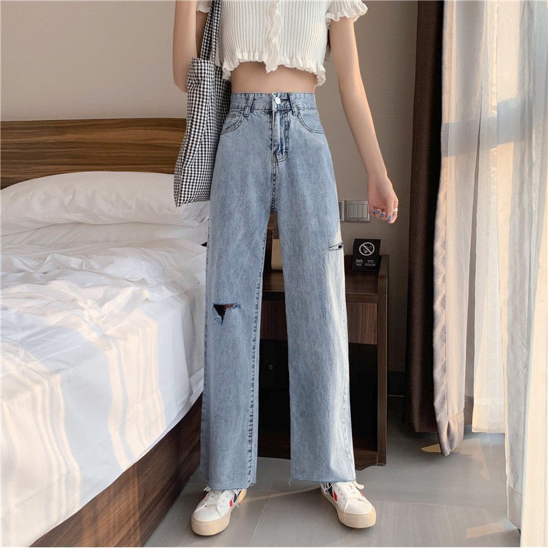 Ripped Jeans wanita loose celana korea style retro straight pants high waist