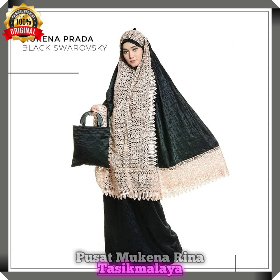 HITAM CANTIK - Mukena Dewasa Sutra Prada Bordir Black Swarovsky Original