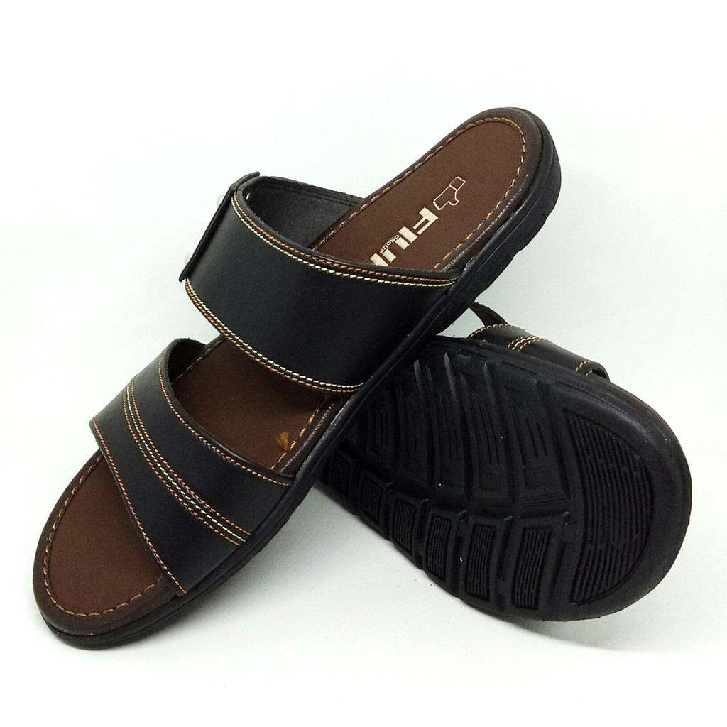 FIURI - Sandal Double Slip On Hitam - Sandal Pria Murah - Sandal Casual - Sandal Pria Kulit