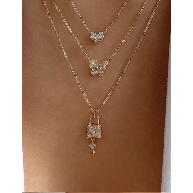 LRC Kalung Fashion Gold Color Alloy Multilayer Diamond Key Lock P82899