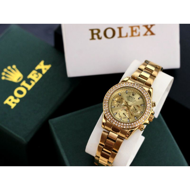 { COD } paket box exclusive jam tangan fashion wanita / cewek rolex daytona ring permata chrono vari