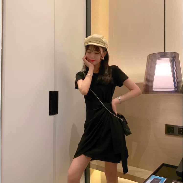 [littlecrab] Dress Wanita Wrapping Hitam Abu-Abu Dress Santai High Class Dress Model Santai Hang Out Dress High Quality Dress Pendek Dress Pesta Dress Simple Polos Elegan Casual Korean Style