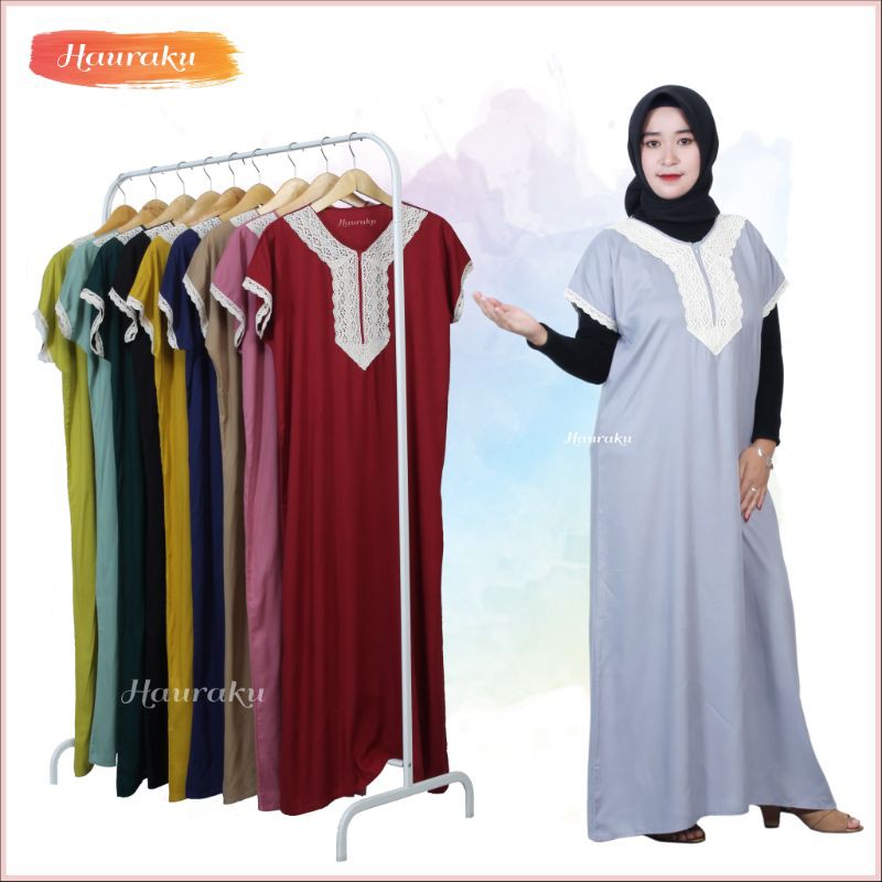 Daster Arab Murah Hauraku Jumbo Renda Rayon Busui Resleting Lengan Pendek