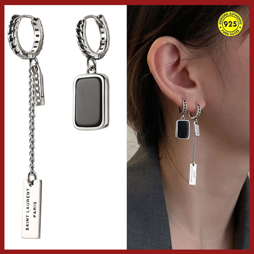 Anting Tusuk Gantung Asimetris Desain Persegitulisan Warna Hitam Gaya Trendy Untuk Wanita