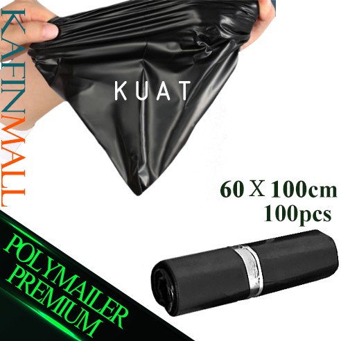 Plastik Packing Olshop PE Polymailer 60x100cm Lem Perekat Isi 100pcs Anti Plong Hitam Glossy Tebal