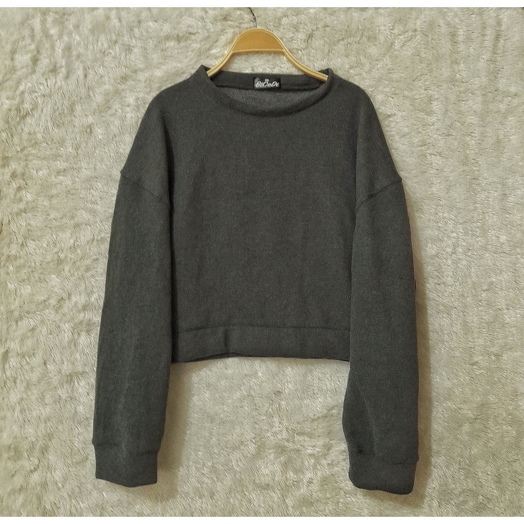 Oversized Sweater Crop Bicedi Sweater Crop Oversized Dark Gray Fleece Cotton Premium Lembut