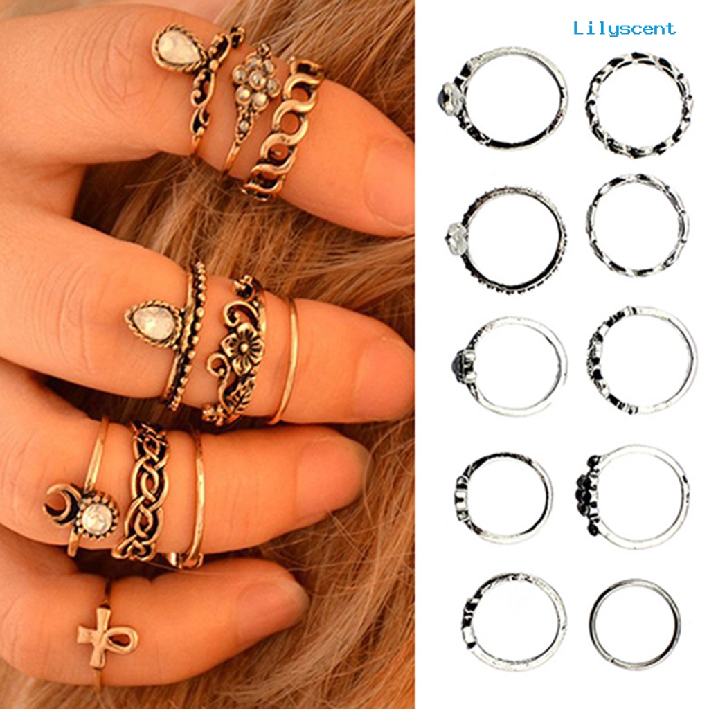 10pcs / Set Cincin Knuckle Vintage Desain Bunga Hollow Anti Karat Untuk Wanita