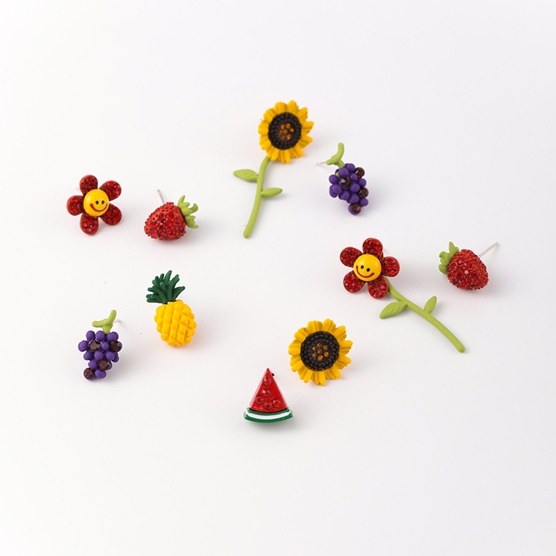 Korean Style Crystal Sun Flower Strawberry Grape Asymmetric Earrings Sweet Girls Fruit Stud Earrings