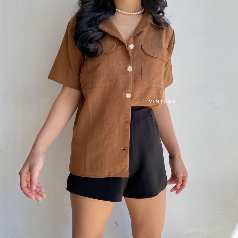 KEMEJA WANITA CASUAL POCKET TOP KEMEJA WANITA POLOS BASIC MURAH-Choco