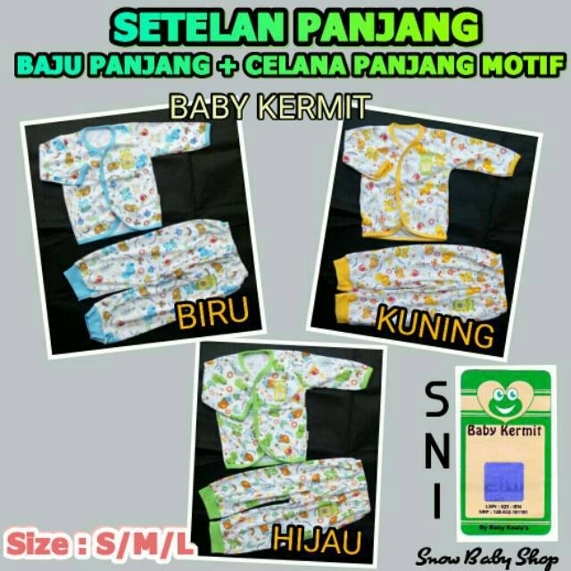 Setelan Panjang Bayi ( Baju Panjang + Celana Panjang Kaki Buka ) Motif S / M / L SNI Baby Kermit