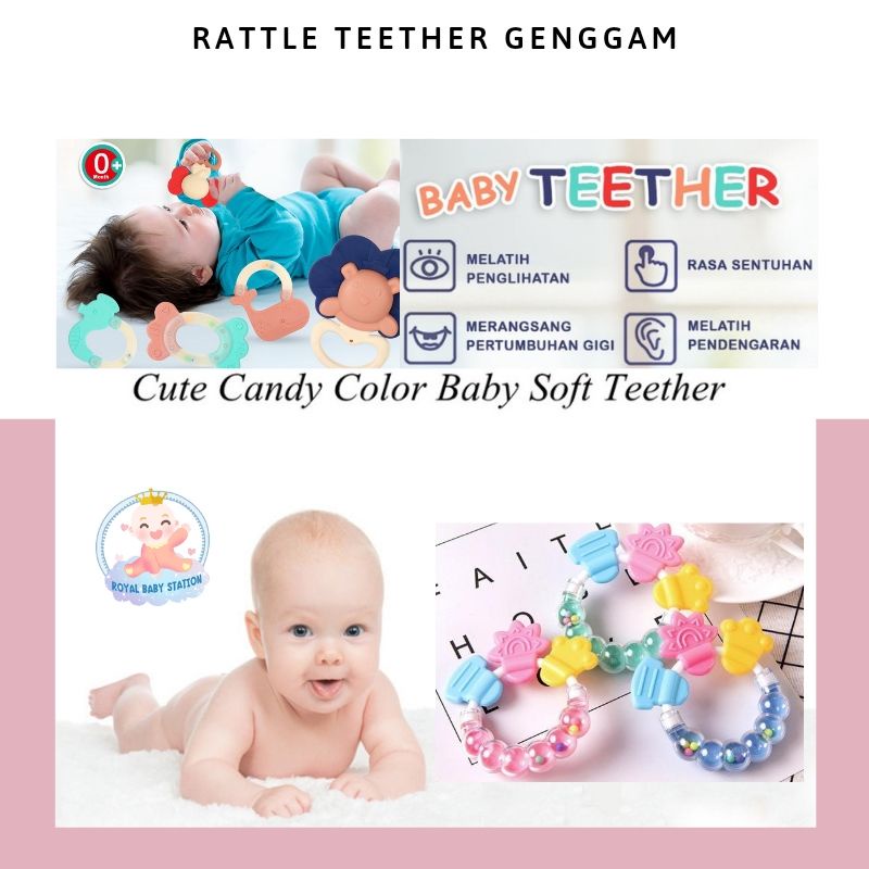 2in1 Mainan gigitan bayi teether dan Rattle genggam Model Bulat