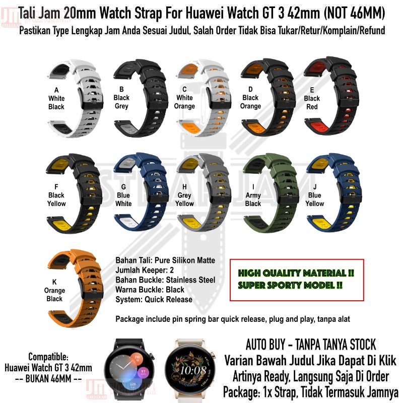 GTO 20mm Strap Huawei Watch GT 3 GT3 42mm - Tali Jam Tangan Rubber Silikon Sporty