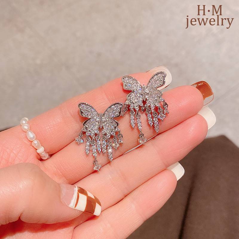 Anting Tusuk Gantung Sterling Silver 925 Desain Kupu-Kupu Hias Berlian Untuk Wanita Butterfly