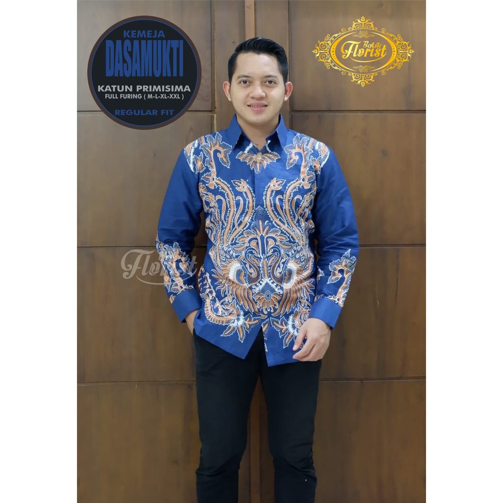 DASAMUKTI BIRU Batik Solo Kemeja Pria Full Furing Katun Primisima