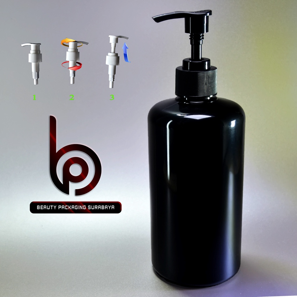 Botol plastik PET 500ml BR 28mm hitam tutup pump lotion