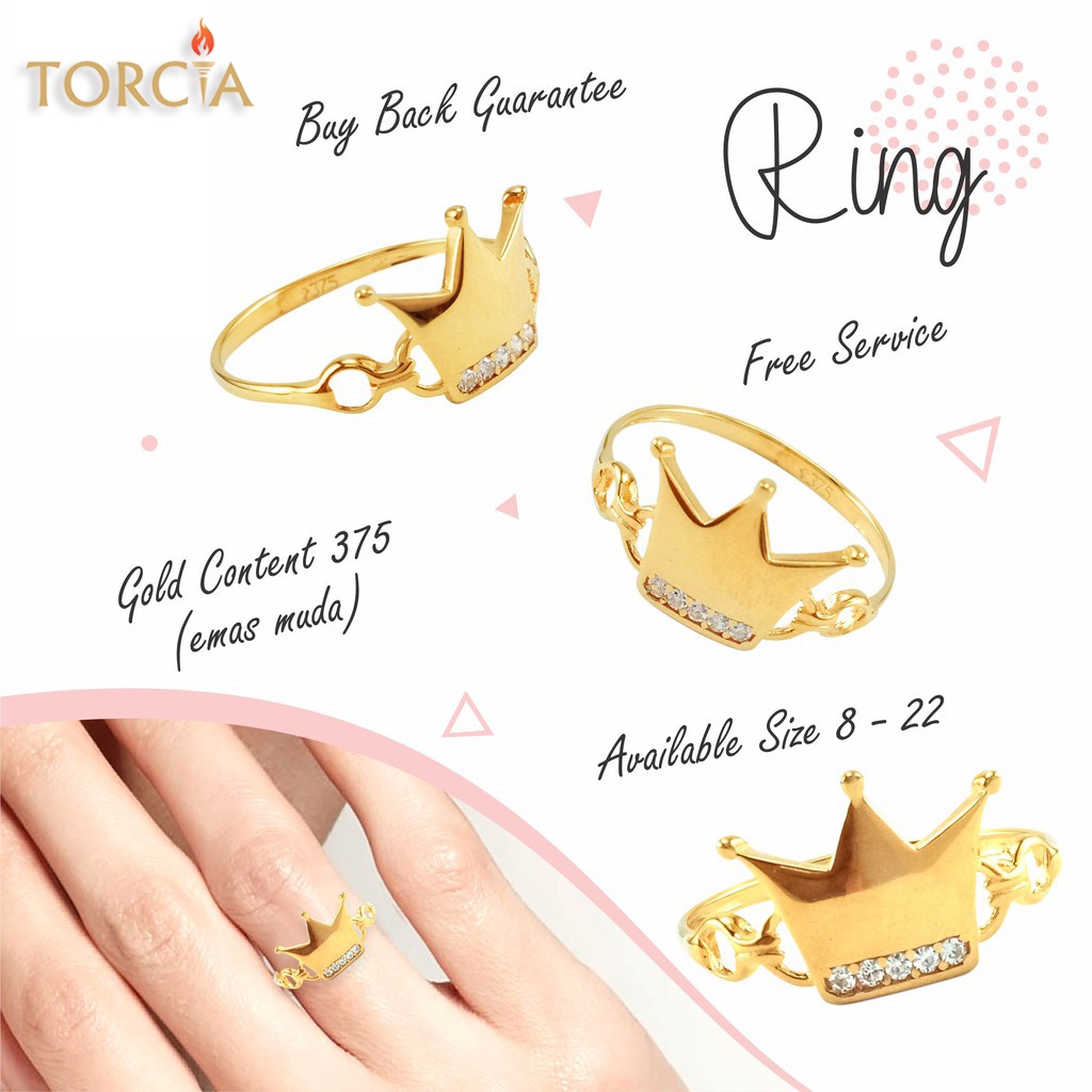 Cincin Emas Asli Mahkota Polos Permata Garis kadar 375 Torcia Gold