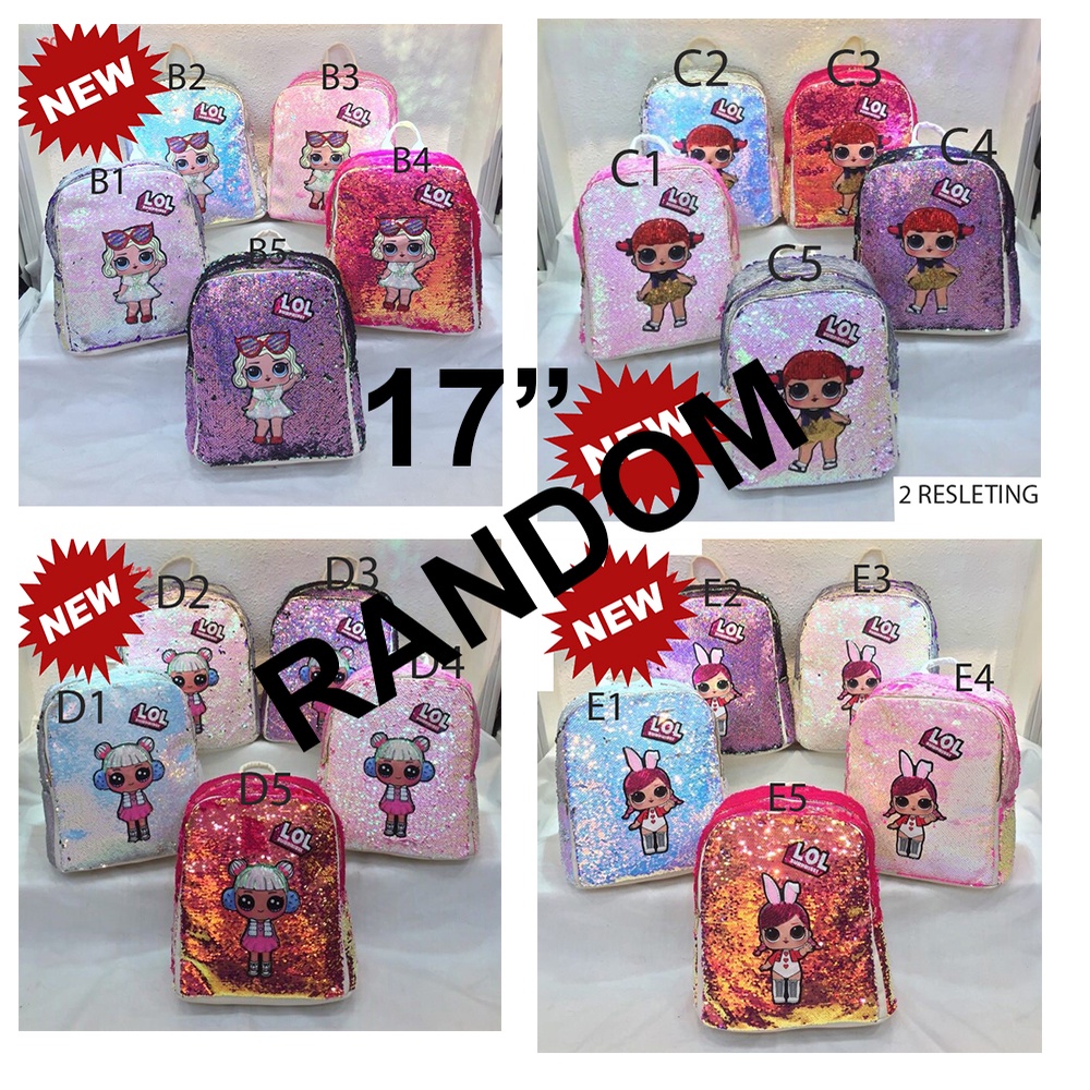 PROMO 6.6 RANDOM OBRAL CUCI GUDANG KADO CANTIK TAS ANAK SEKOLAH PEREMPUAN RANSEL Sequin Usap Berubah Warna Gambar Anak Cewek IMPORT   ( 12&quot;  - 15&quot; - 17&quot; )