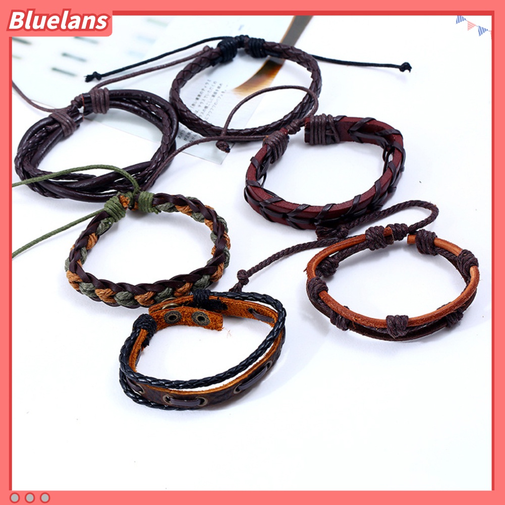 Bluelans 6Pcs / Set Gelang Tali Kepang Bahan Kulit Imitasi Gaya Vintage Untuk Pria