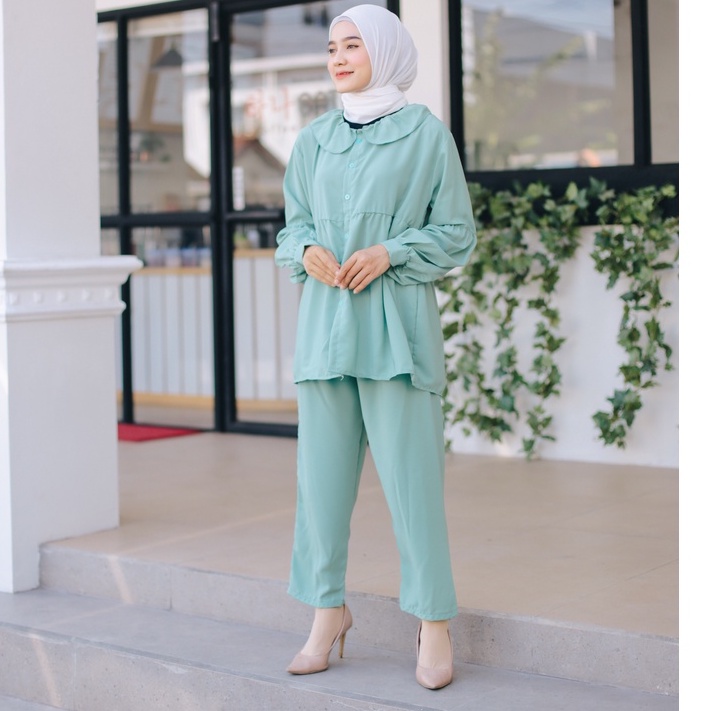 (DBY) ONE SET POPPY BONDA TUNIK SET REMPEL ATASAN OVERSIZE WOLFIS