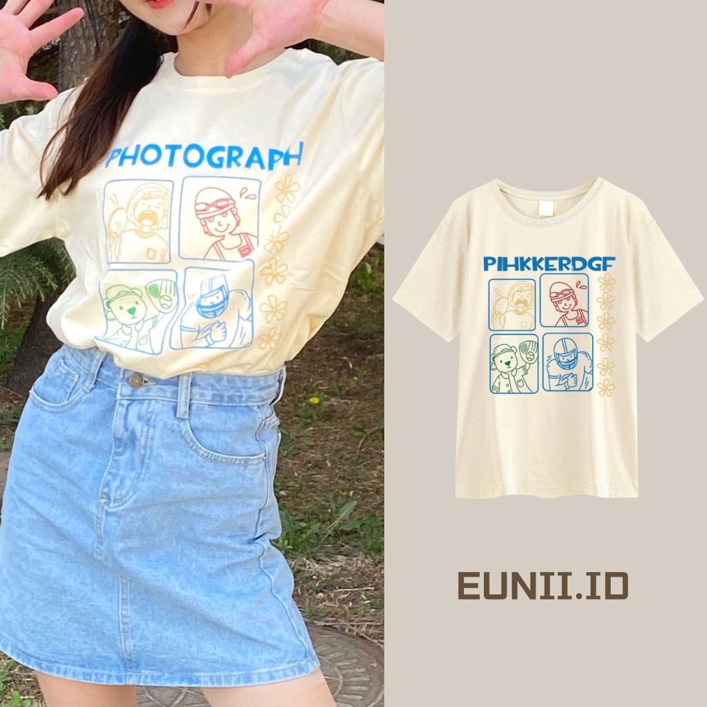 EUNII T-shirt Lengan Pendek Imut Kartun Pencetakan Longgar Korean Style/Kaos Atasan Wanita/Baju Kaus Oversize Wanita