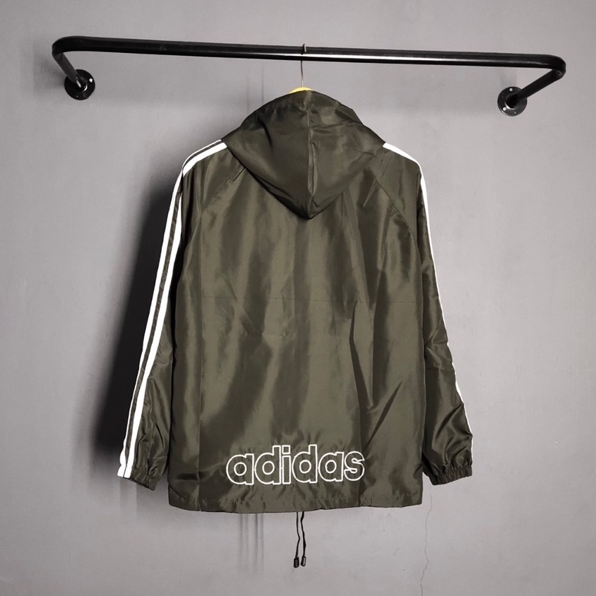 Jaket Pria Parasut Adidas Windbteaker Hitam List Putih XL XXL - Jaket Parsut Jumbo - Jaket Olahraga - Trendy Pria Wanita Sauna Joging Murah Pembakar Lemak Running Pelindung Uv Essentials Hoodie Windbreaker