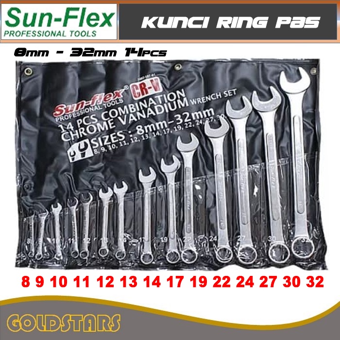 Kunci Ring Pas Set 14 pcs / Sun-Flex 8mm - 32mm Chrume Vanadium