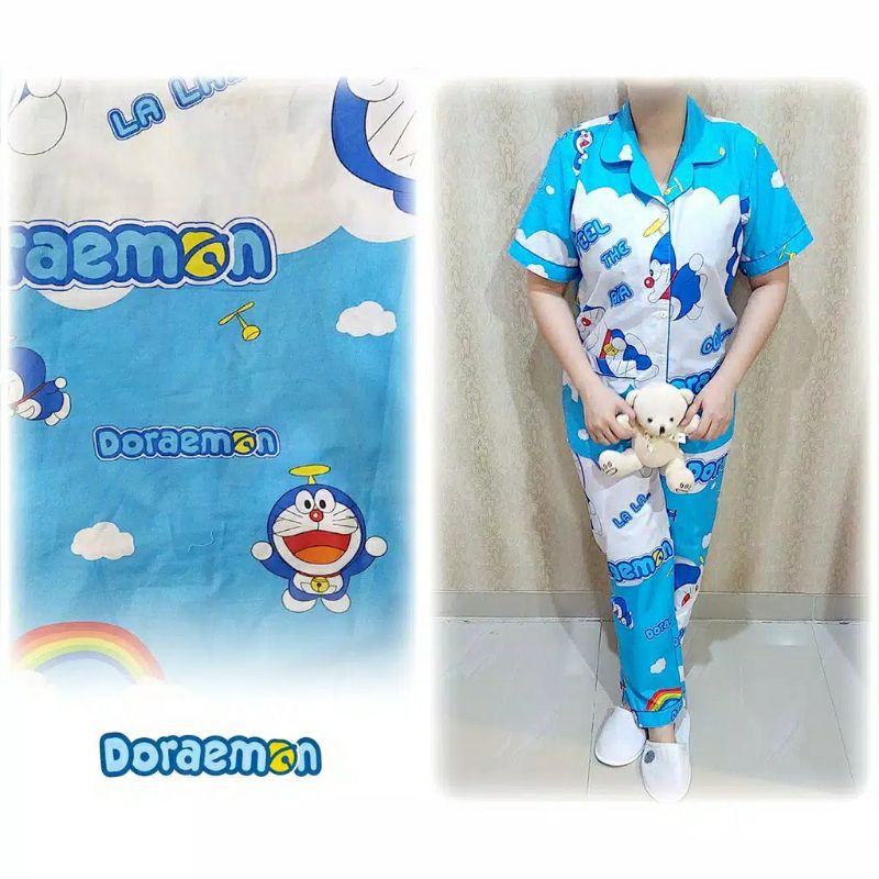 Baju Tidur Piyama Wanita/Cewek Pajamas Dewasa Katun Motif Doraemon Awan