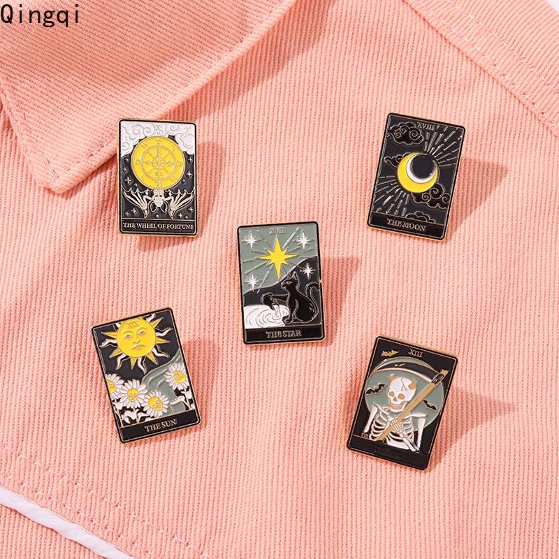 Bros Pin Enamel Desain Kartun Matahari Bulan Bintang Kerangka Gaya Punk Untuk Pakaian