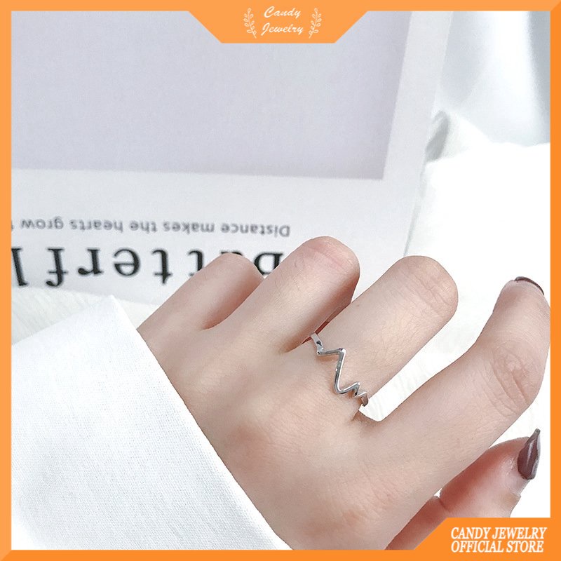 Cincin Jari Adjustable Desain Detak Jantung Warna Silver Gaya Korea Untuk Wanita