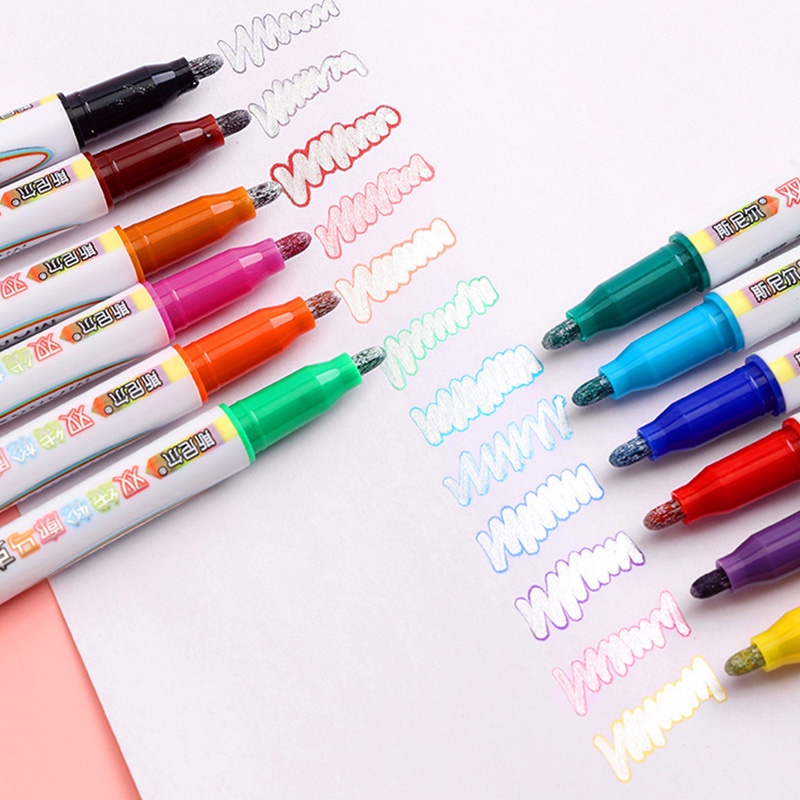 8 / 12pcs Pen Garis Ganda Dengan Glitter Warna-Warni