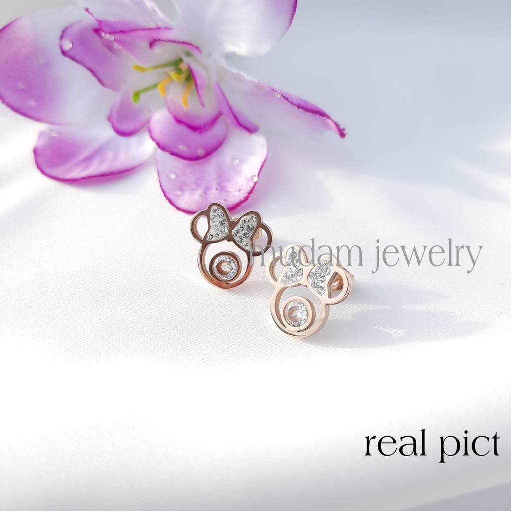 Anting Tusuk Titanium Model Minnie Hollow Diamonds Tersedia Warna Rose Gold dan Gold